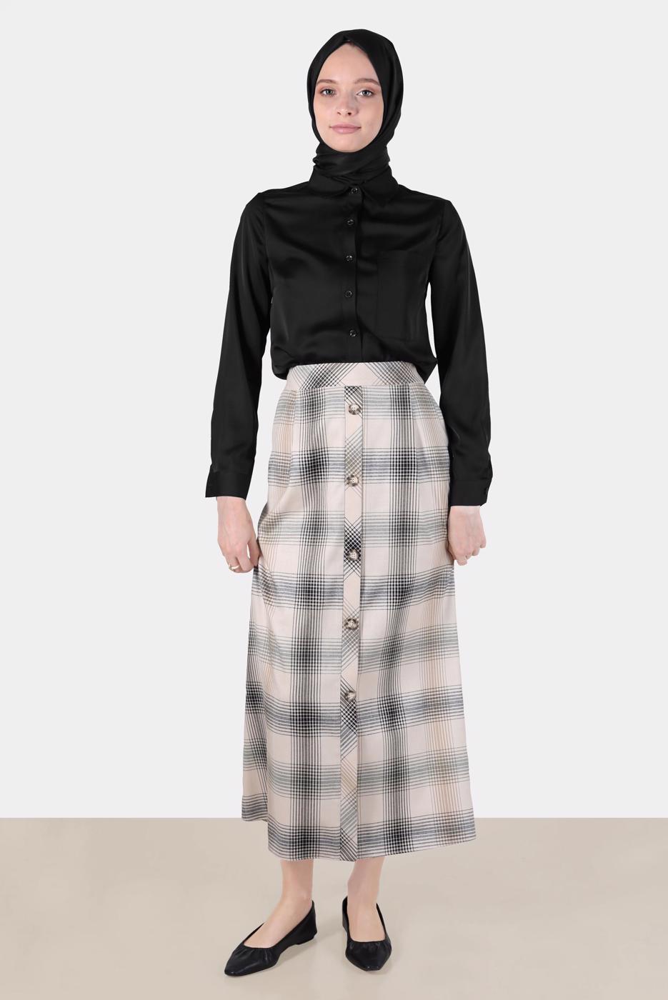 Tesettür giyim BEJ ALVİNA EKOSE DESENLİ ETEK T 60266