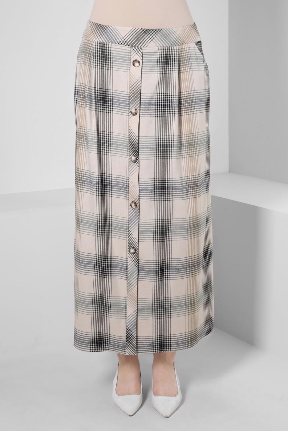 Tesettür giyim KAHVE ALVİNA EKOSE DESENLİ ETEK T 60266