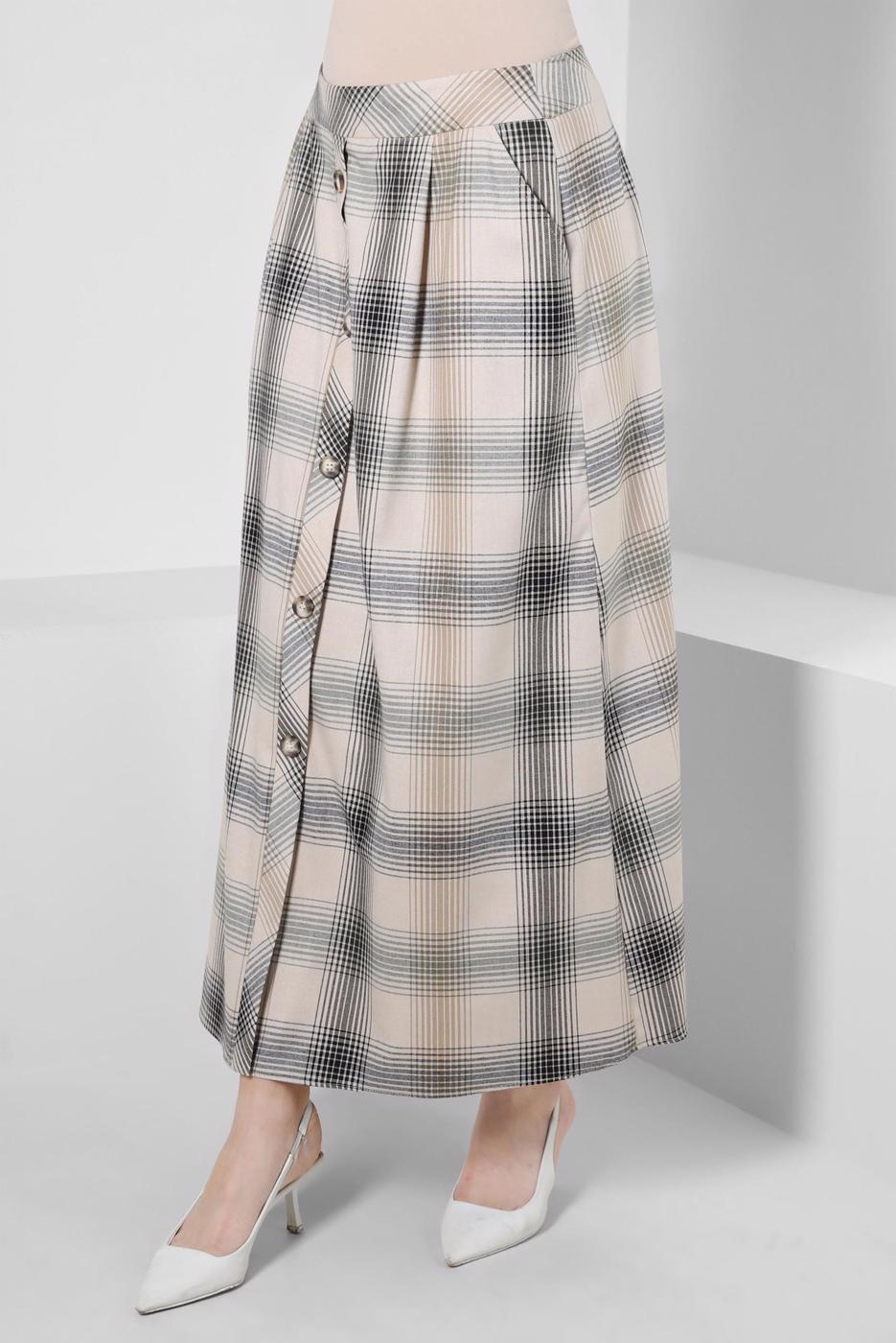 Tesettür giyim KAHVE ALVİNA EKOSE DESENLİ ETEK T 60266