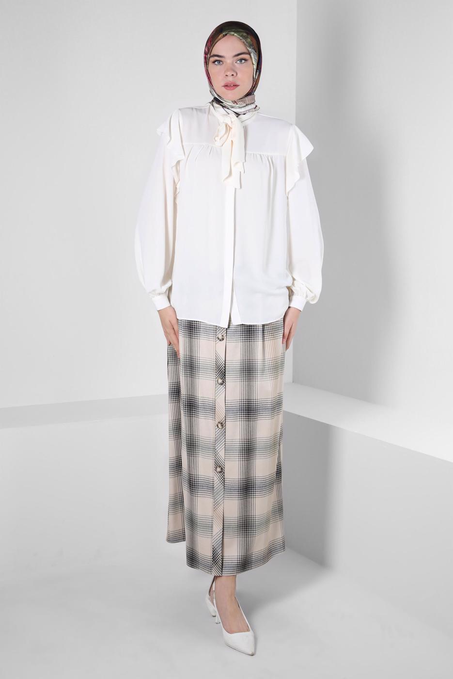 Tesettür giyim KAHVE ALVİNA EKOSE DESENLİ ETEK T 60266