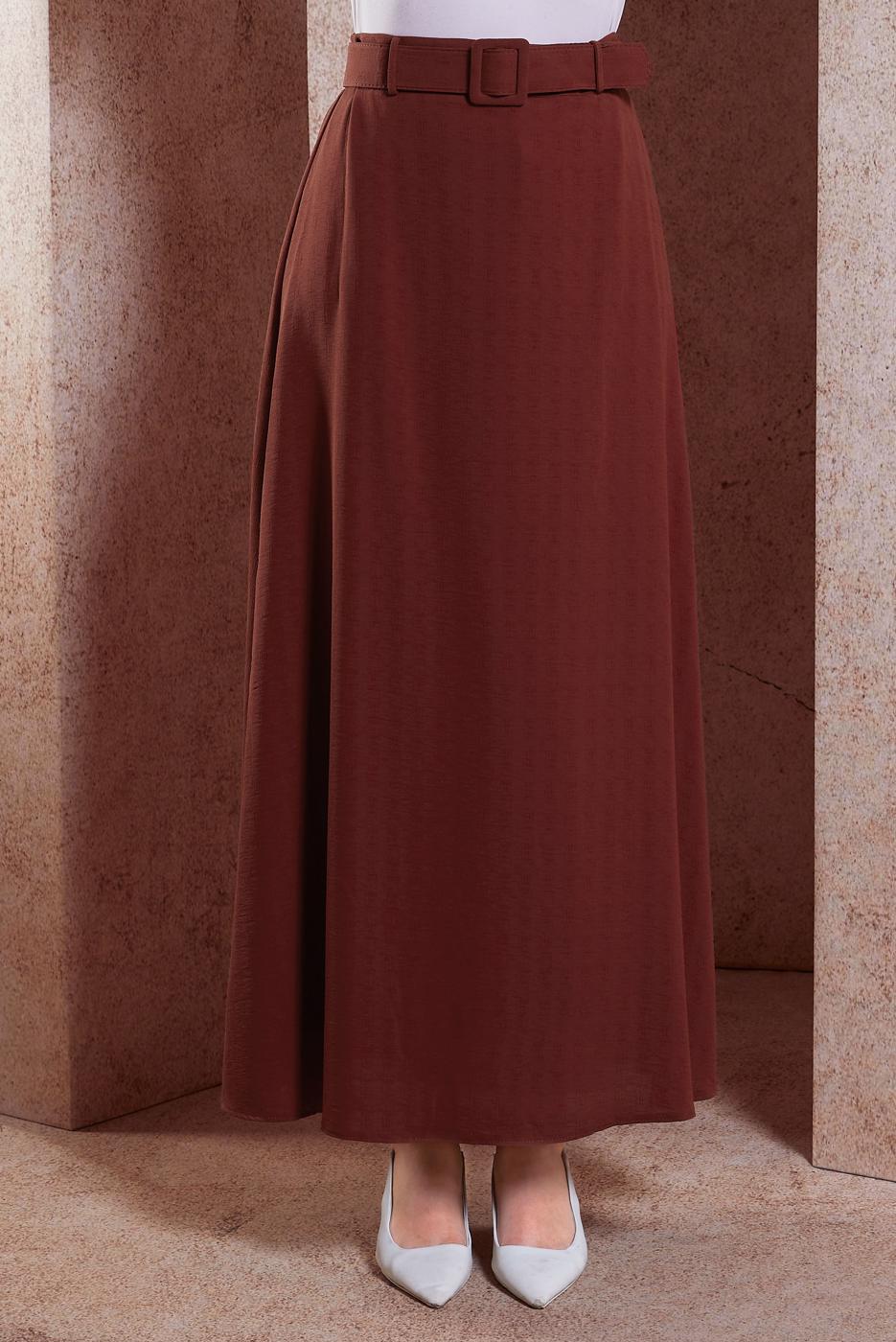 Tesettür giyim KAHVE ALVİNA ARMÜRLÜ KEMERLİ ETEK T 60282