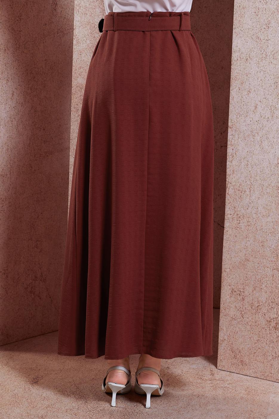 Tesettür giyim KAHVE ALVİNA ARMÜRLÜ KEMERLİ ETEK T 60282