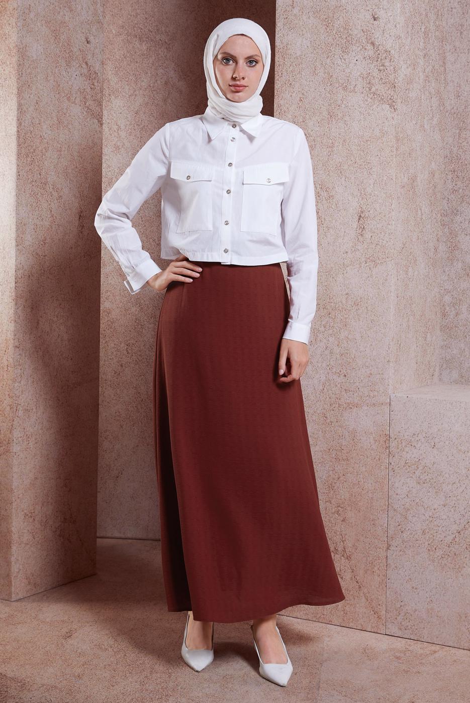 Tesettür giyim KAHVE ALVİNA ARMÜRLÜ KEMERLİ ETEK T 60282