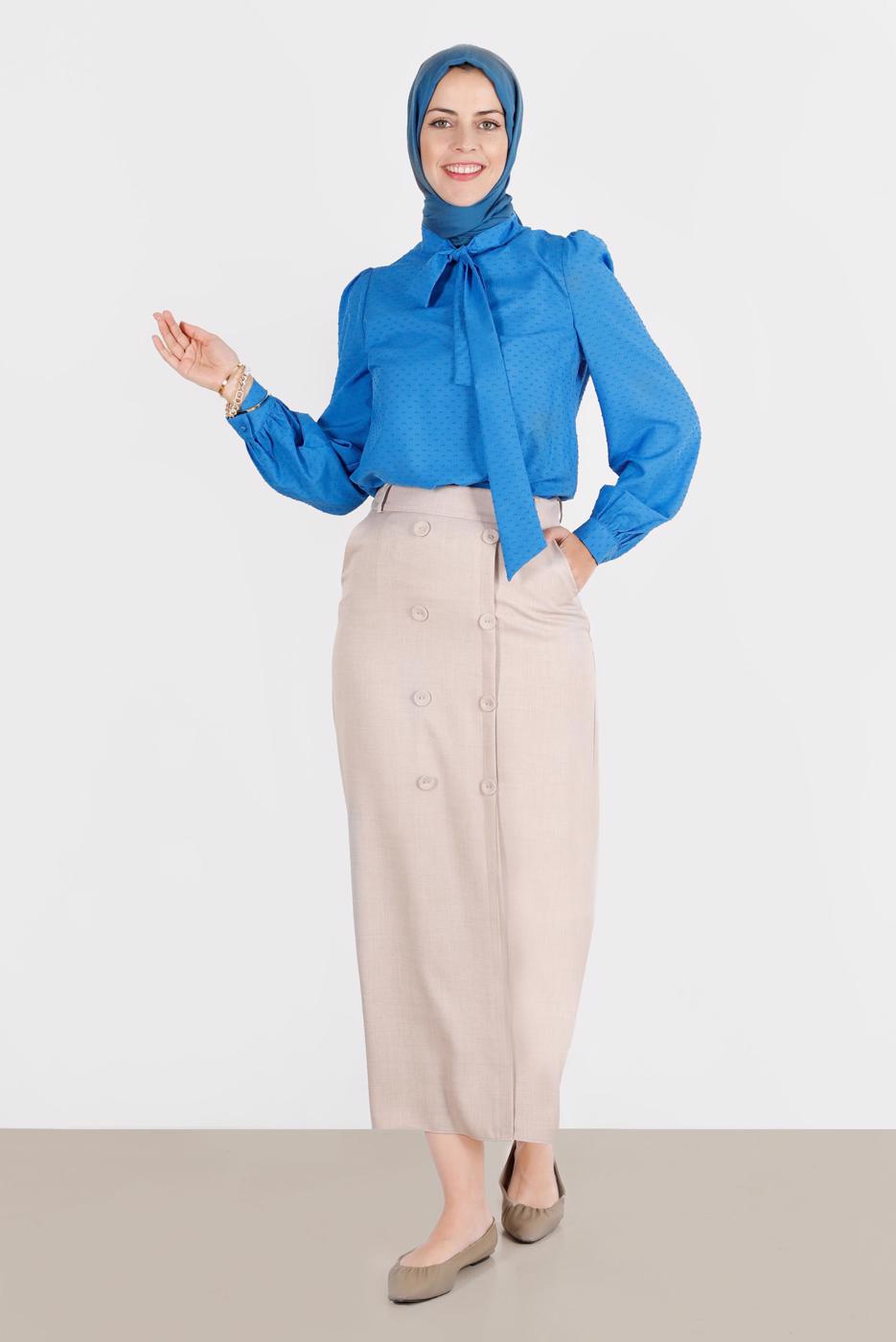 Tesettür giyim BEJ ALVİNA DÜĞME DETAYLI ETEK T 60290