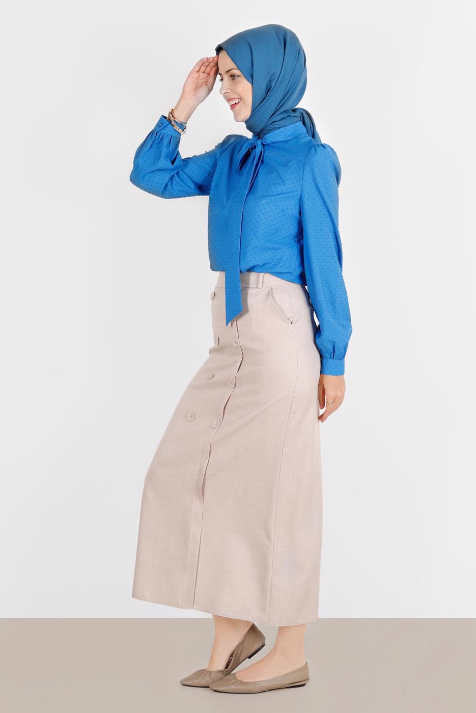 Tesettür giyim BEJ ALVİNA DÜĞME DETAYLI ETEK T 60290