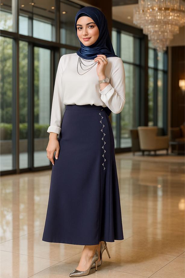 Vêtements hijab BLEU MARINE JUPE BRODÉE ALVINA GEM T 60293 - TRENDTESETTÜR