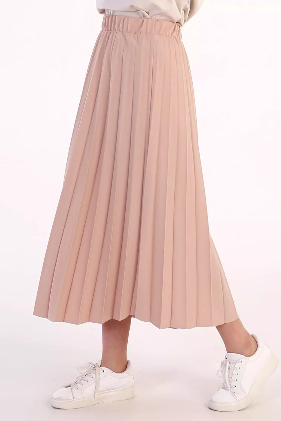 Tesettür giyim PUDRA BELİ LASTİKLİ PİLİSELİ ETEK 70026 