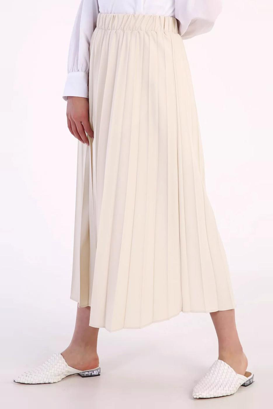 Tesettür giyim BEJ BELİ LASTİKLİ PİLİSELİ ETEK 70026 