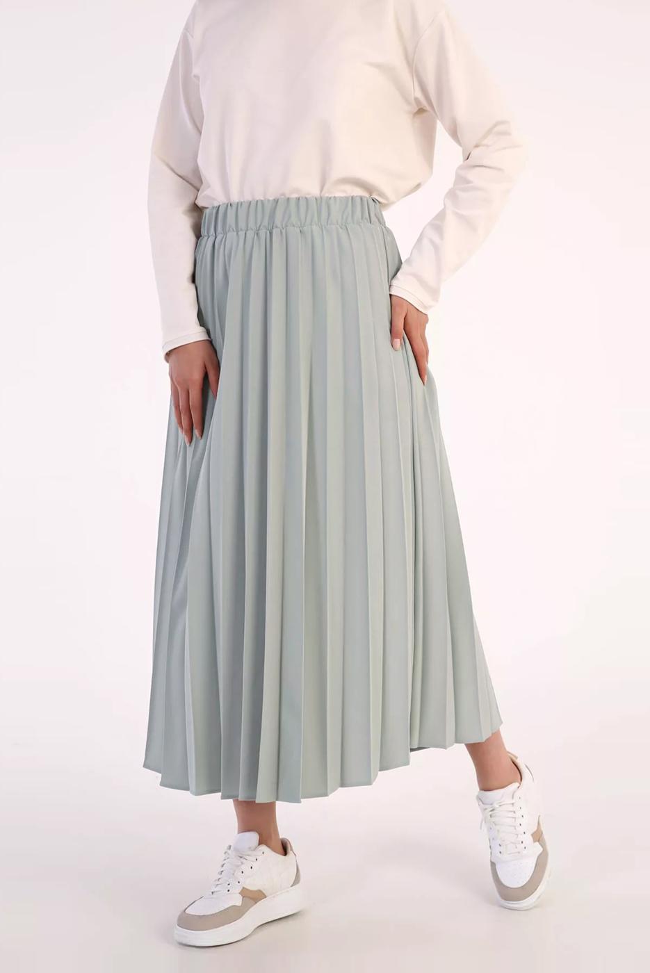 Tesettür giyim YEŞİL BELİ LASTİKLİ PİLİSELİ ETEK 70026 