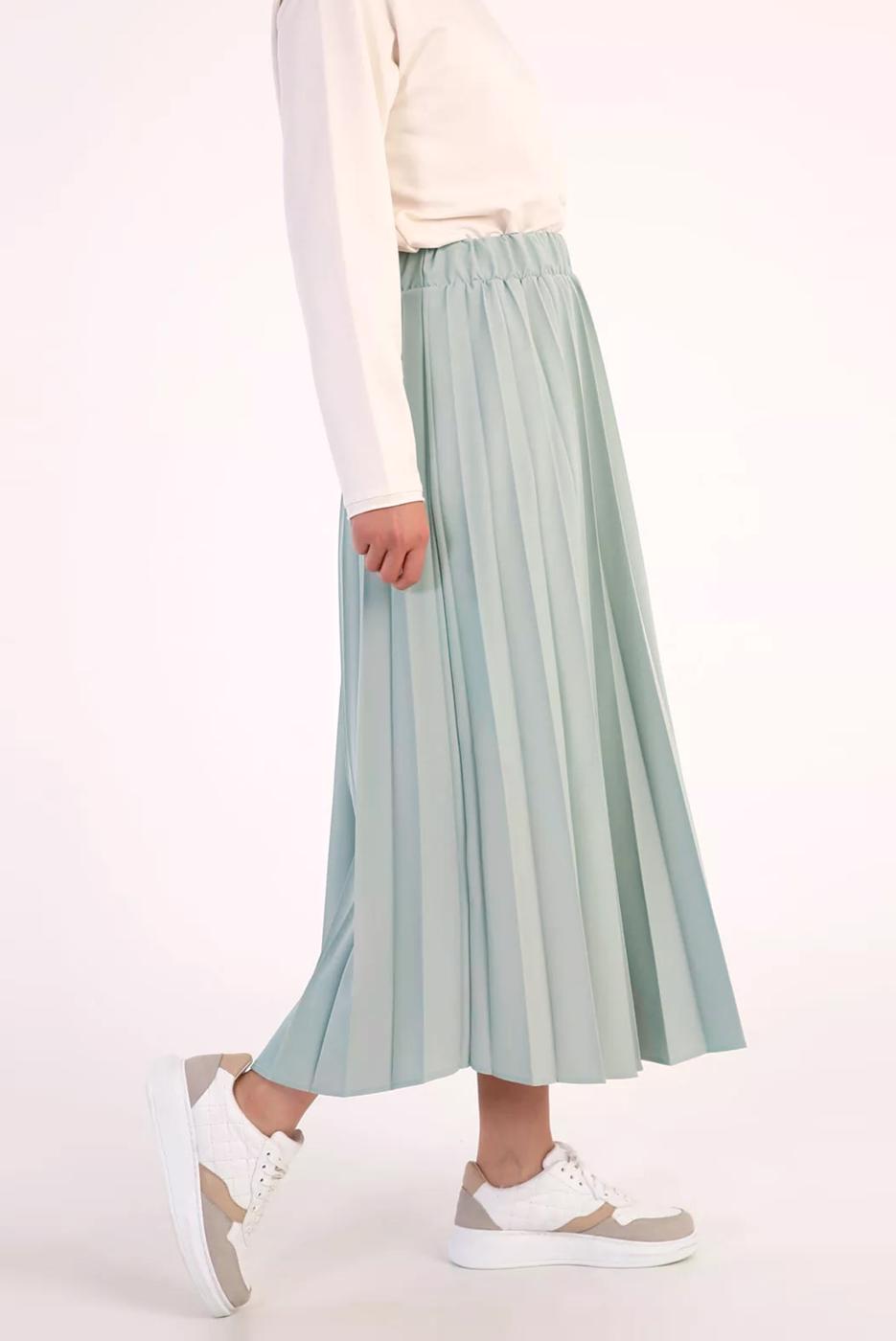 Tesettür giyim YEŞİL BELİ LASTİKLİ PİLİSELİ ETEK 70026 