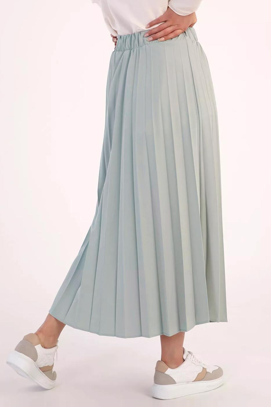 Tesettür giyim YEŞİL BELİ LASTİKLİ PİLİSELİ ETEK 70026 