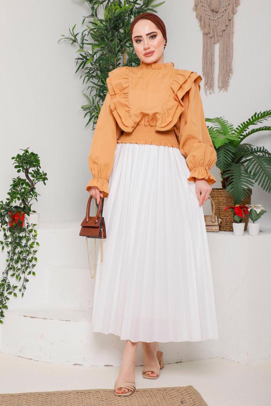 Tesettür giyim BEYAZ PİLİSELİ ETEK 8051 