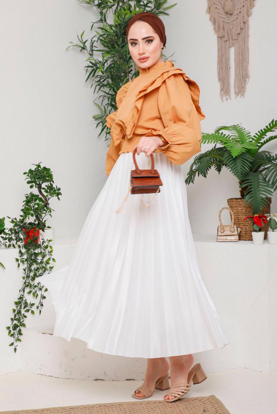 Tesettür giyim BEYAZ PİLİSELİ ETEK 8051 