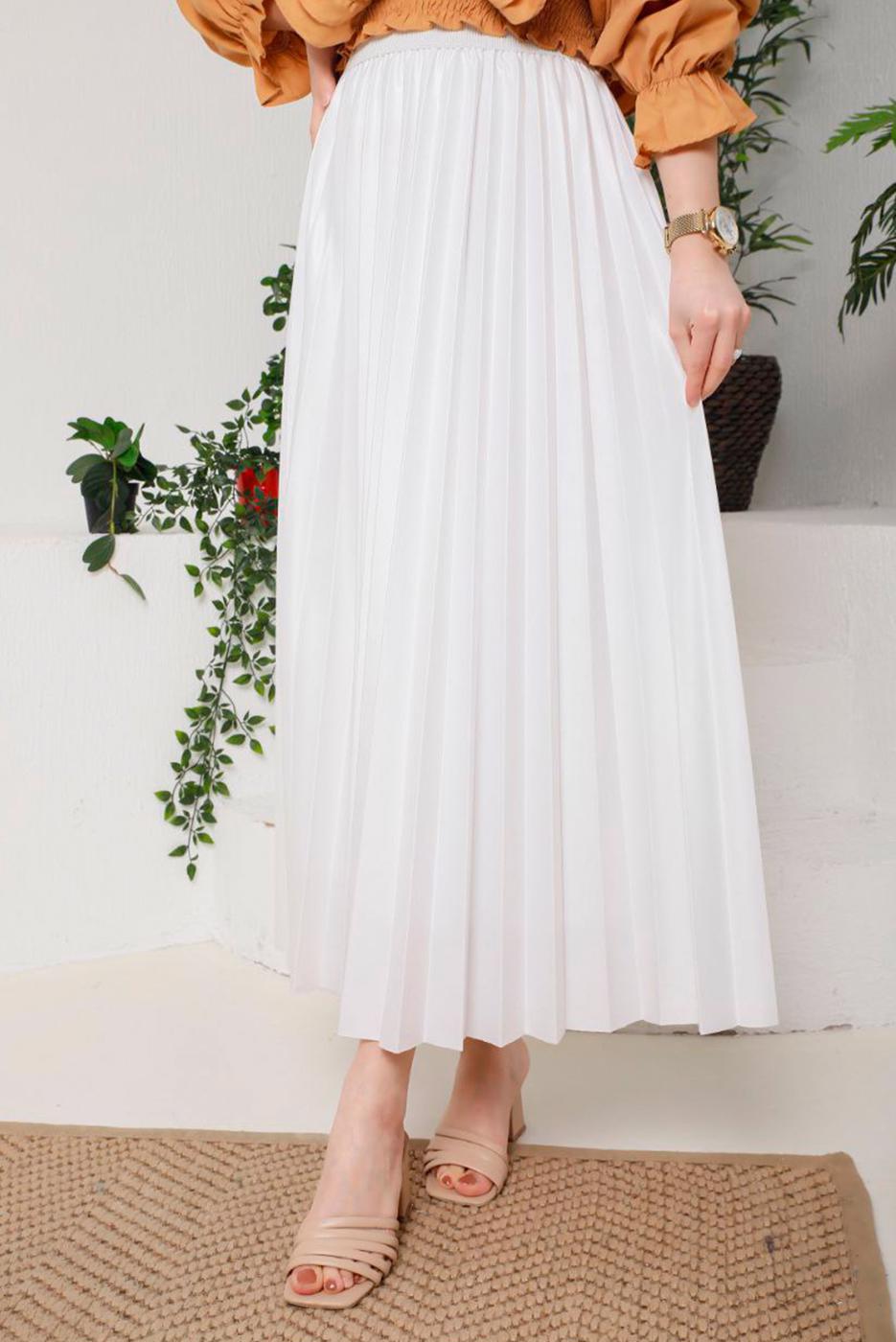 Tesettür giyim BEYAZ PİLİSELİ ETEK 8051 