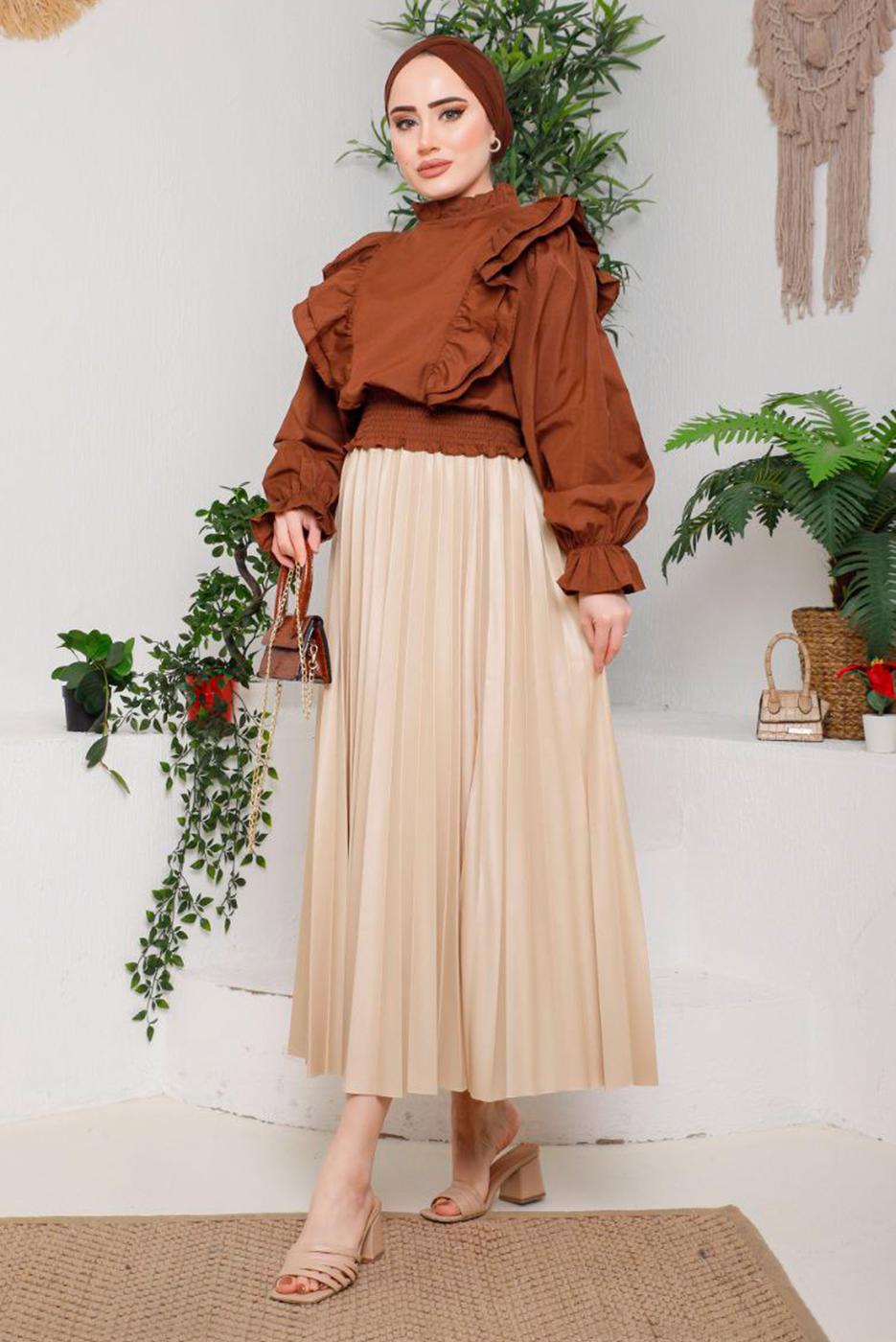 Tesettür giyim BEJ PİLİSELİ ETEK 8051 