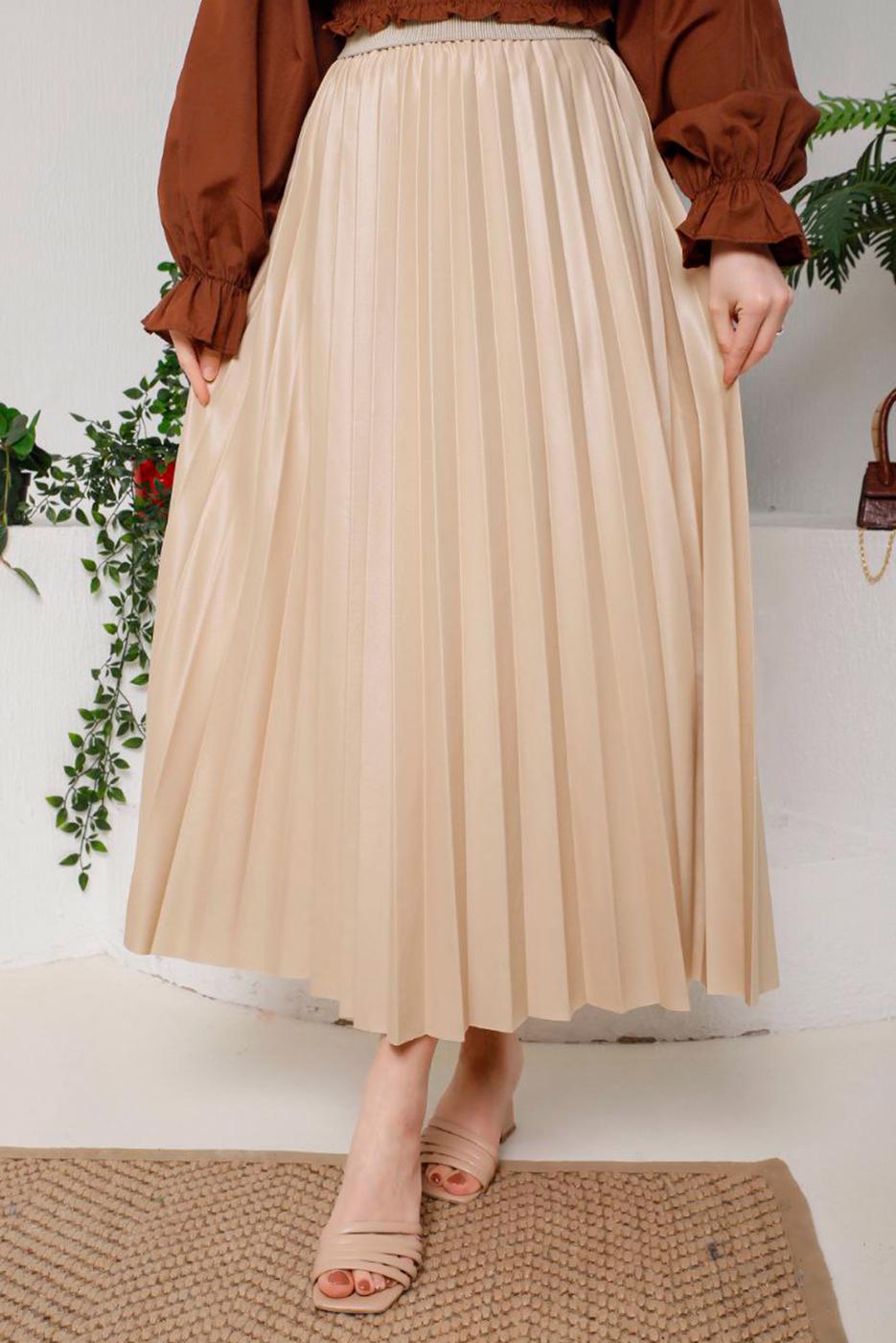 Tesettür giyim BEJ PİLİSELİ ETEK 8051 