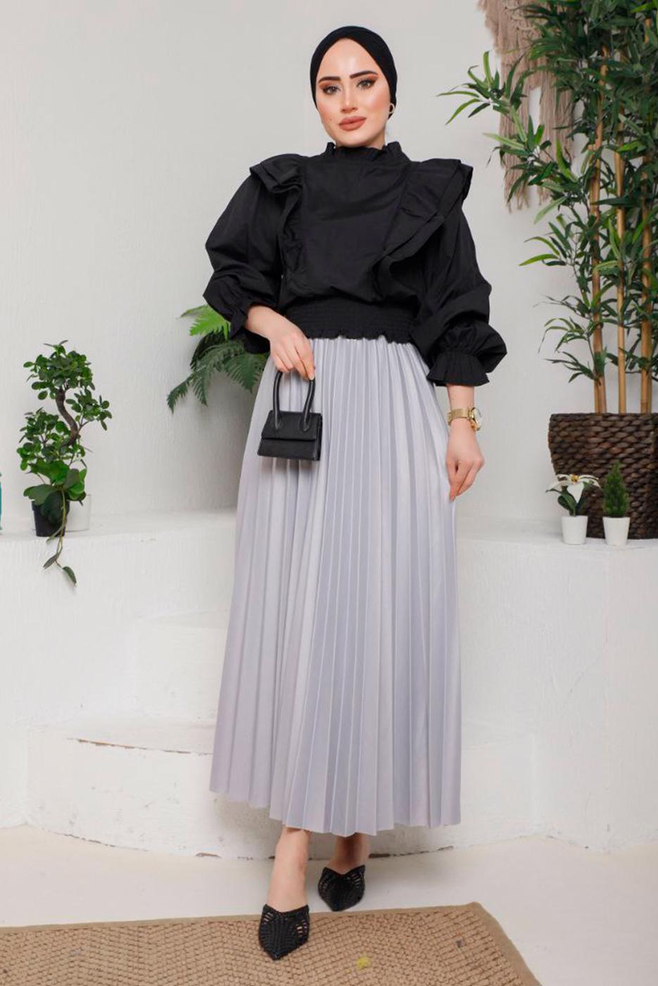 Tesettür giyim GRİ PİLİSELİ ETEK 8051 