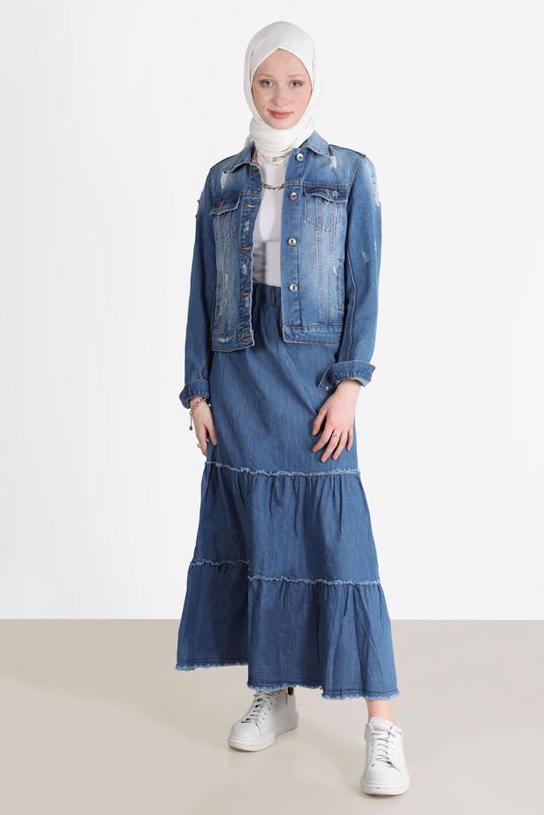 Tesettür giyim MAVİ KATLI PAMUKLU DENIM ETEK 8232  - TRENDTESETTÜR