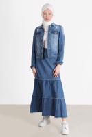 Tesettür giyim MAVİ KATLI PAMUKLU DENIM ETEK 8232 