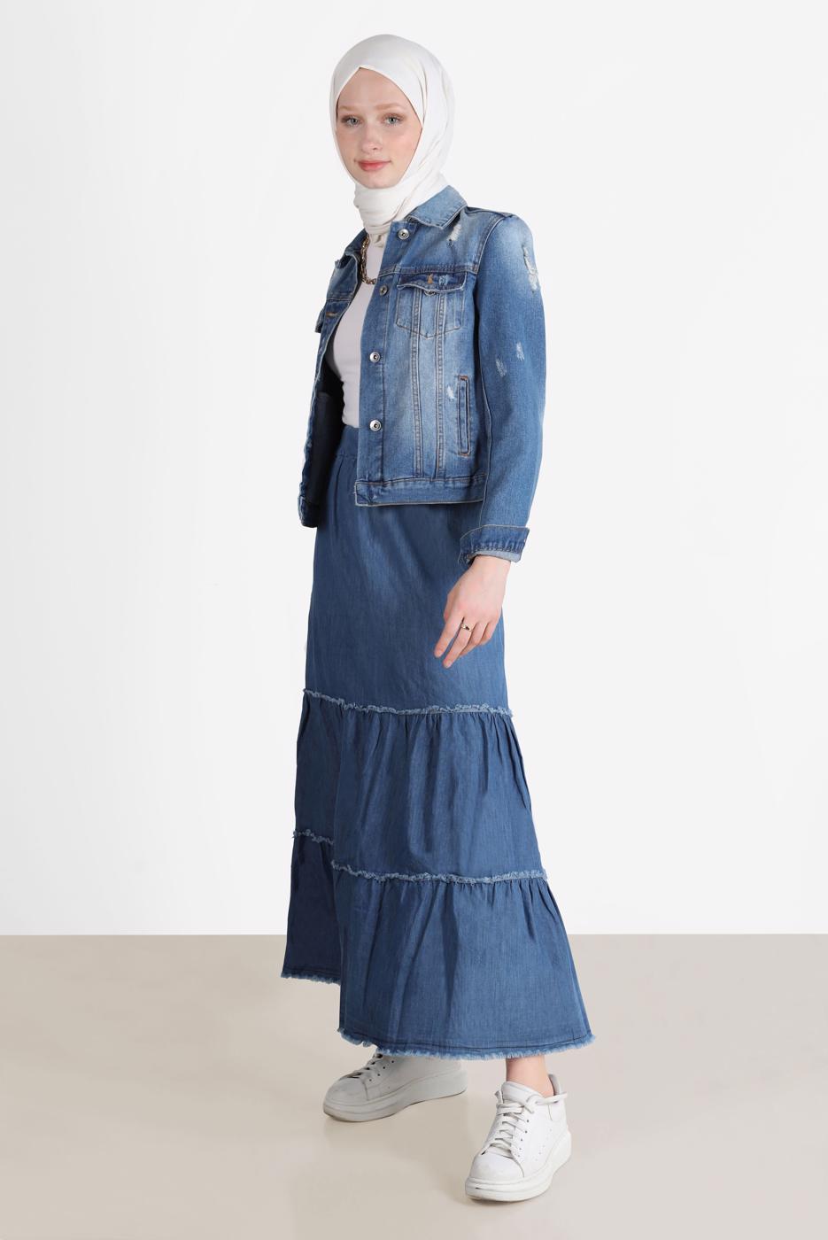 Tesettür giyim MAVİ KATLI PAMUKLU DENIM ETEK 8232 