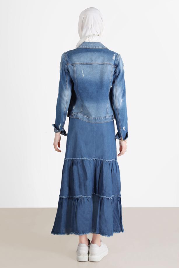 Tesettür giyim MAVİ KATLI PAMUKLU DENIM ETEK 8232  - TRENDTESETTÜR