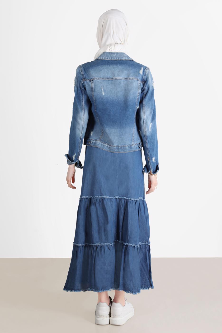Tesettür giyim MAVİ KATLI PAMUKLU DENIM ETEK 8232 