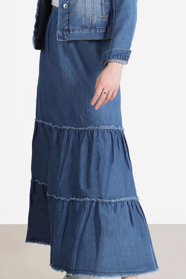 Tesettür giyim MAVİ KATLI PAMUKLU DENIM ETEK 8232  - TRENDTESETTÜR