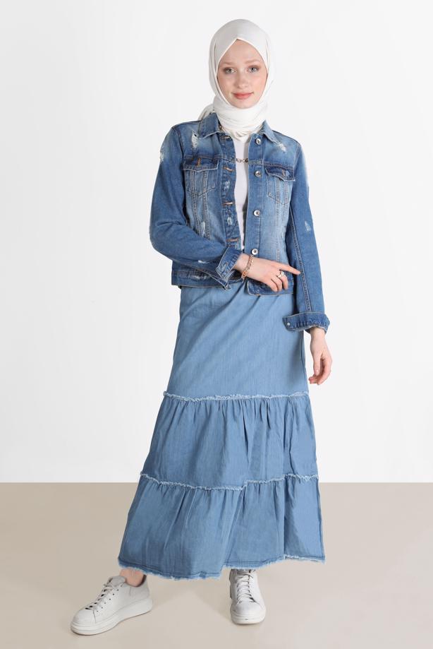 Tesettür giyim MAVİ KATLI PAMUKLU DENIM ETEK 8232  - TRENDTESETTÜR