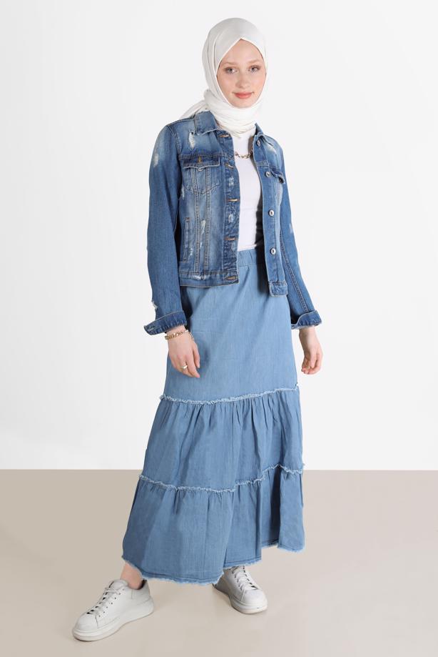 Tesettür giyim MAVİ KATLI PAMUKLU DENIM ETEK 8232  - TRENDTESETTÜR