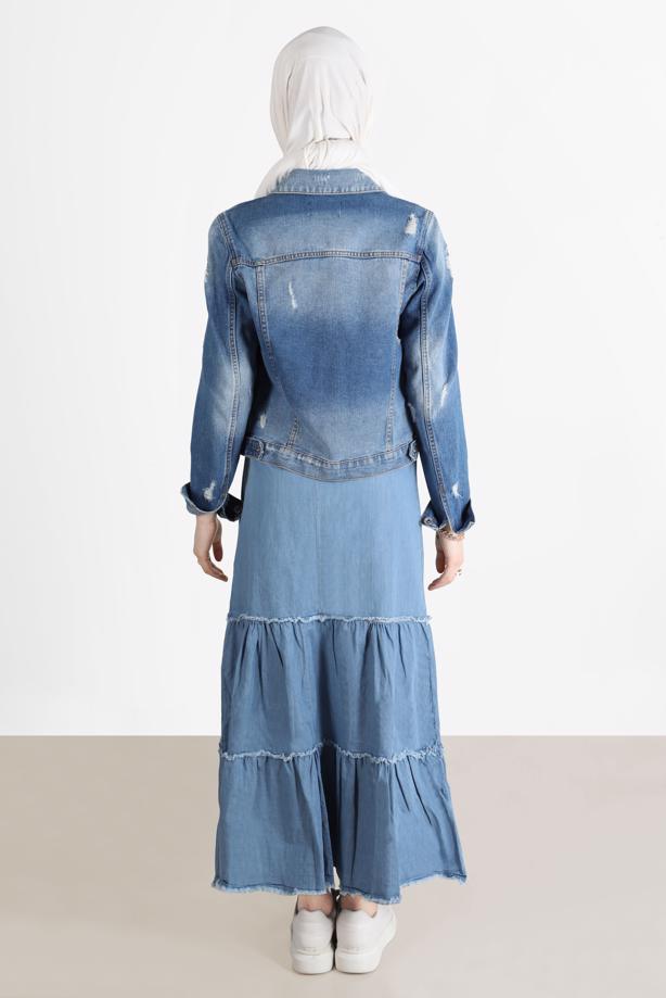 Tesettür giyim MAVİ KATLI PAMUKLU DENIM ETEK 8232  - TRENDTESETTÜR