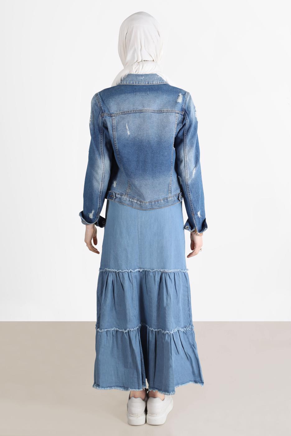 Tesettür giyim MAVİ KATLI PAMUKLU DENIM ETEK 8232 