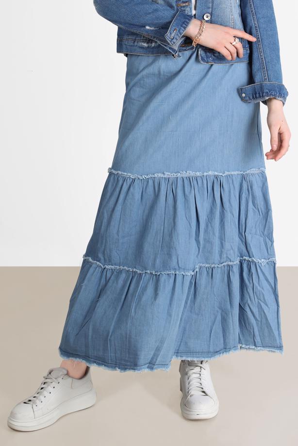 Tesettür giyim MAVİ KATLI PAMUKLU DENIM ETEK 8232  - TRENDTESETTÜR