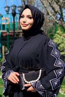 Tesettür giyim SİYAH NAKIŞLI KUŞAKLI FERACE 2867 