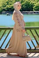 Tesettür giyim VİZON NAKIŞLI KUŞAKLI FERACE 2867 