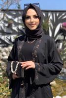 Tesettür giyim SİYAH NAKIŞLI KUŞAKLI FERACE 4867 