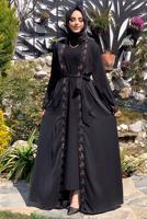 Tesettür giyim SİYAH NAKIŞLI KUŞAKLI FERACE 4867 