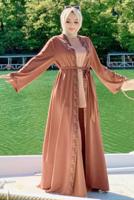 Tesettür giyim KAHVE NAKIŞLI KUŞAKLI FERACE 4867 