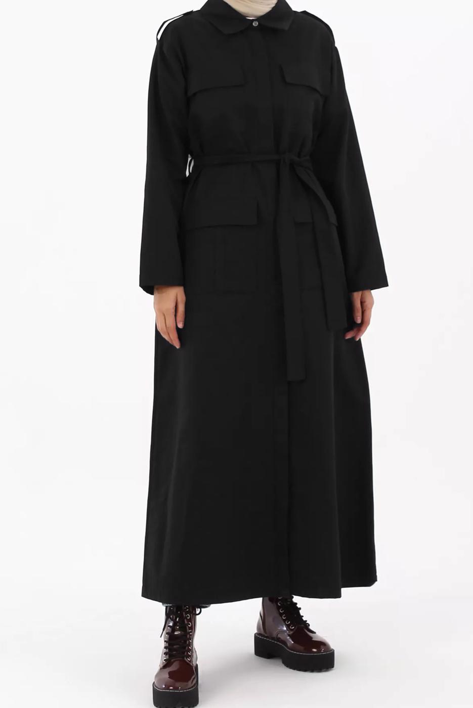 Hijab clothing BLACK POCKET DETAIL BELTED LONG TRENCH COAT 52068 