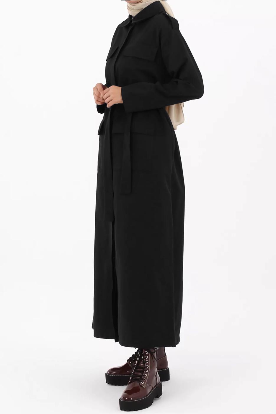 Hijab clothing BLACK POCKET DETAIL BELTED LONG TRENCH COAT 52068 