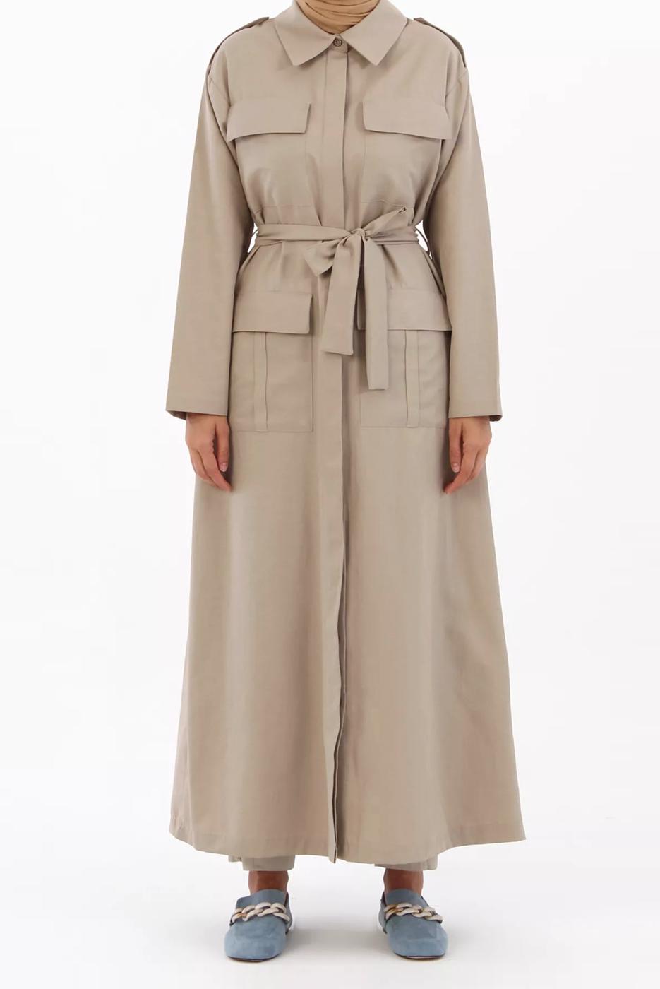 Tesettür giyim BEJ CEP DETAYLI KUŞAKLI UZUN TRENÇKOT 52068	