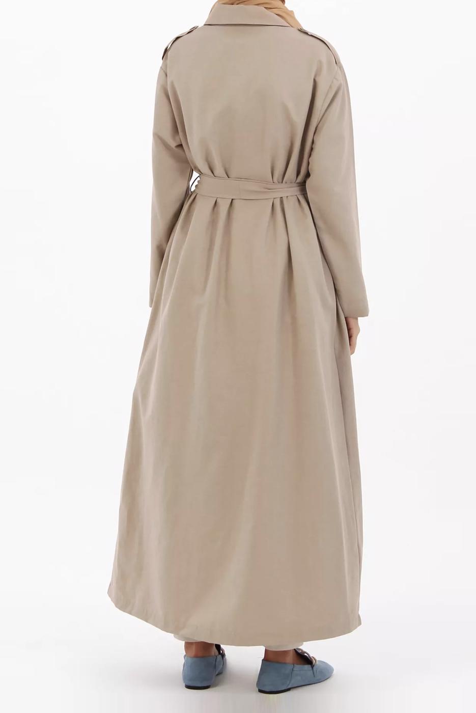 Tesettür giyim BEJ CEP DETAYLI KUŞAKLI UZUN TRENÇKOT 52068	