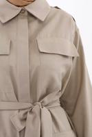 Tesettür giyim BEJ CEP DETAYLI KUŞAKLI UZUN TRENÇKOT 52068	