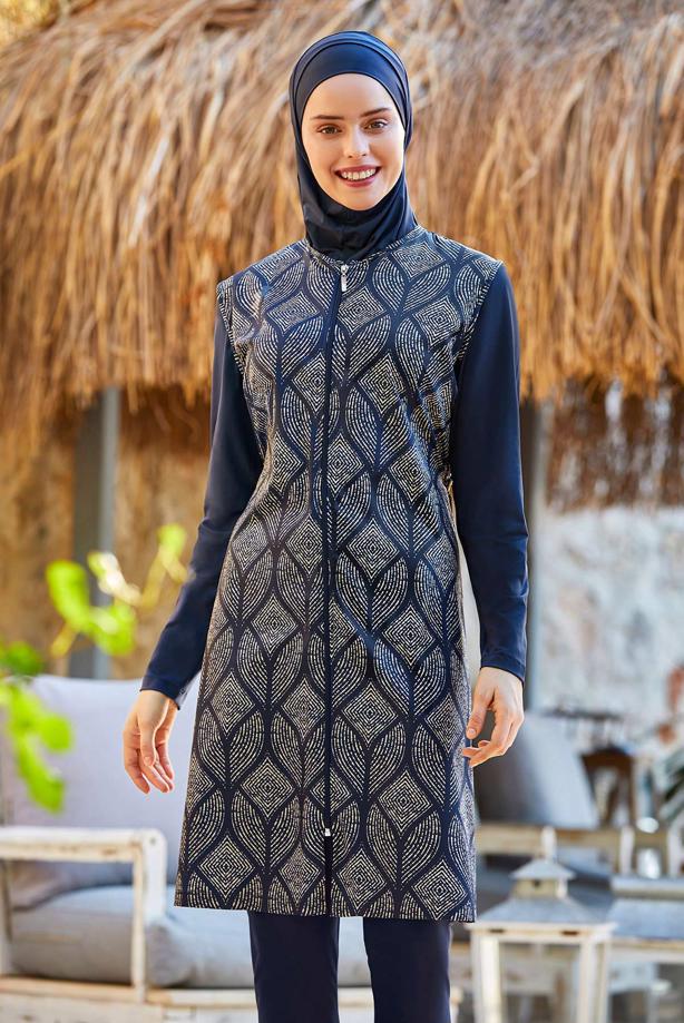 Vêtements hijab BLEU MARINE MAILLOT DE BAIN HIJAB ZIPPÉ À MOTIFS 0936 - TRENDTESETTÜR
