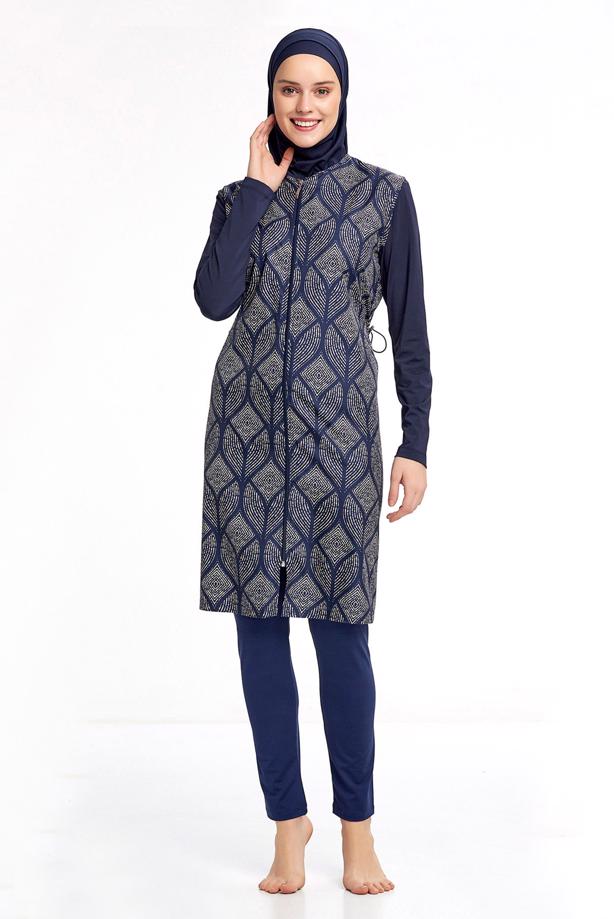 Vêtements hijab BLEU MARINE MAILLOT DE BAIN HIJAB ZIPPÉ À MOTIFS 0936 - TRENDTESETTÜR