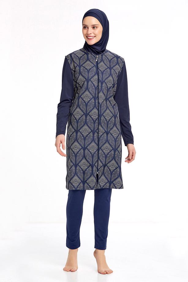 Vêtements hijab BLEU MARINE MAILLOT DE BAIN HIJAB ZIPPÉ À MOTIFS 0936 - TRENDTESETTÜR