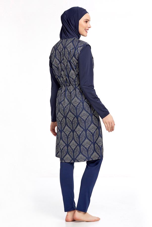 Vêtements hijab BLEU MARINE MAILLOT DE BAIN HIJAB ZIPPÉ À MOTIFS 0936 - TRENDTESETTÜR