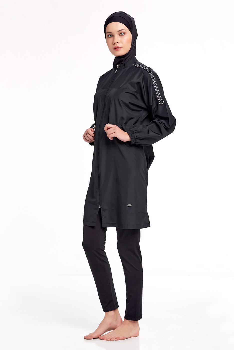 Vêtements hijab NOIR MAILLOT DE BAIN HIJAB ZIPPÉ À LA TAILLE À SMOCKAGE 1266