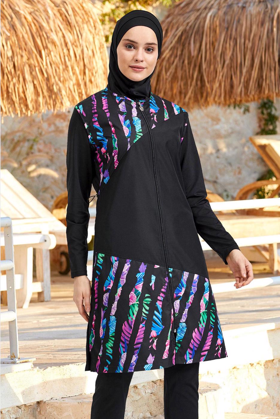 Vêtements hijab NOIR MAILLOT DE BAIN HIJAB MOTIF DÉTAIL ZIPPÉ 1490