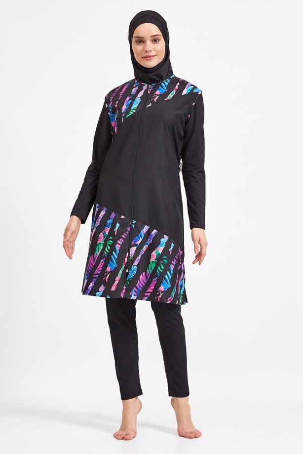 Vêtements hijab NOIR MAILLOT DE BAIN HIJAB MOTIF DÉTAIL ZIPPÉ 1490 - TRENDTESETTÜR
