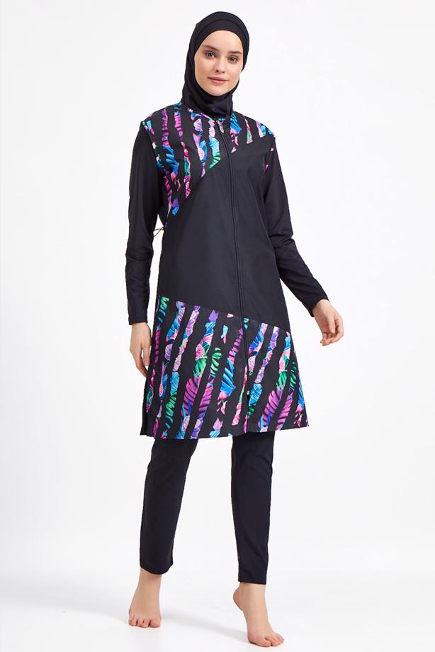Vêtements hijab NOIR MAILLOT DE BAIN HIJAB MOTIF DÉTAIL ZIPPÉ 1490 - TRENDTESETTÜR